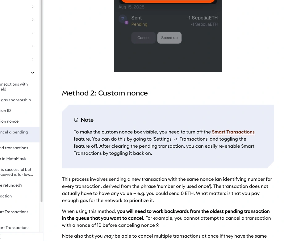 MetaMask 帮助中心页面:上半是应用内一条 Sent / Pending 的 -1 SepoliaETH 交易,条目下方并排 Cancel 与 Speed up 两个按钮,上面还有一个被橙色框标出的 Save 按钮和值为 21000 的输入框;下半是 Method 2: Custom nonce 小节、一个 Note 提示框和两段正文,左侧为帮助中心目录,右侧为本页小节导航